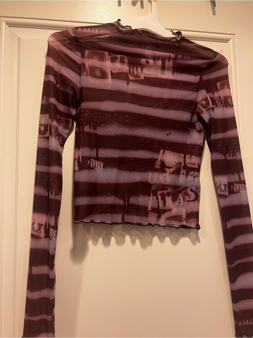 Urban Outfitters Burgundy and Pink Striped Mesh Long-Sleeve Top